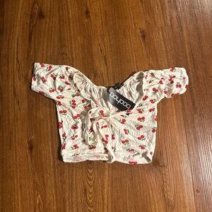Cherry Print Cropped Tie-Front Top - Cream & Red